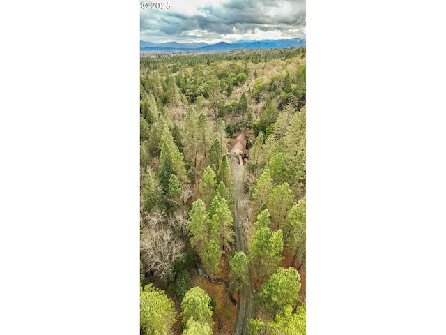 drone / aerial view featuring a view of trees and a mountain view