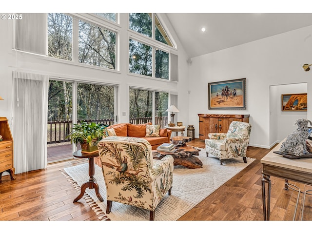 living room with a healthy amount of sunlight, high vaulted ceiling, and hardwood / wood-style flooring