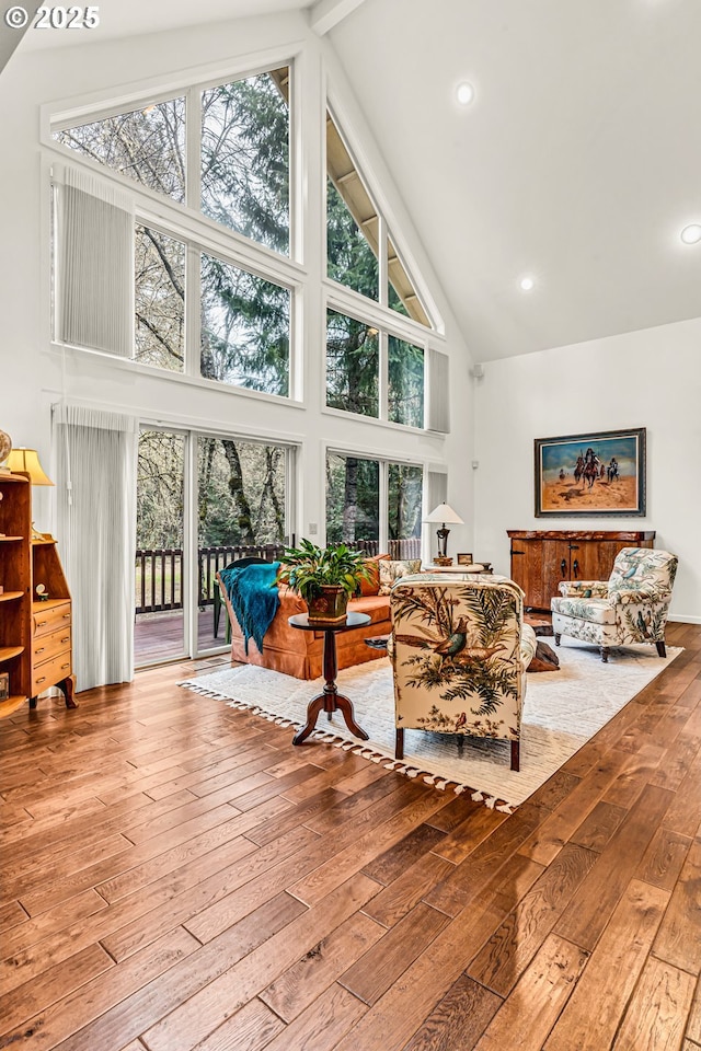 780 Pinecrest Dr, Grants Pass, OR 97526 - living room featuring a healthy amount of sunlight, high vaulted ceiling, recessed lighting, and hardwood / wood-style flooring