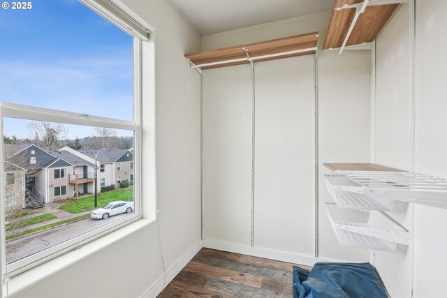 walk in closet with dark wood-style flooring