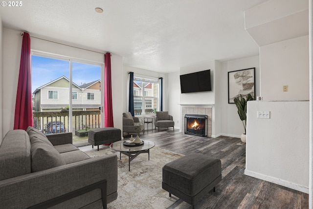 living area featuring baseboards, wood finished floors, and a fireplace