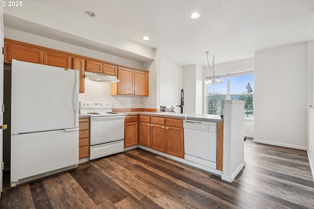 kitchen with a peninsula, white appliances, recessed lighting, under cabinet range hood, and dark wood-style floors