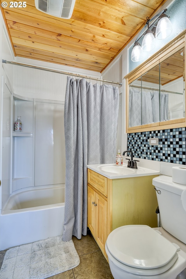 1732 Hayes St, North Bend, OR 97459 - full bath with vanity, visible vents, wooden ceiling, toilet, and shower / bath combo with shower curtain