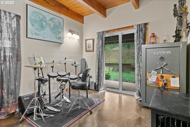 823 Terrace Dr, Scotts Mills, OR 97375 - interior space featuring wooden ceiling, concrete flooring, and beam ceiling