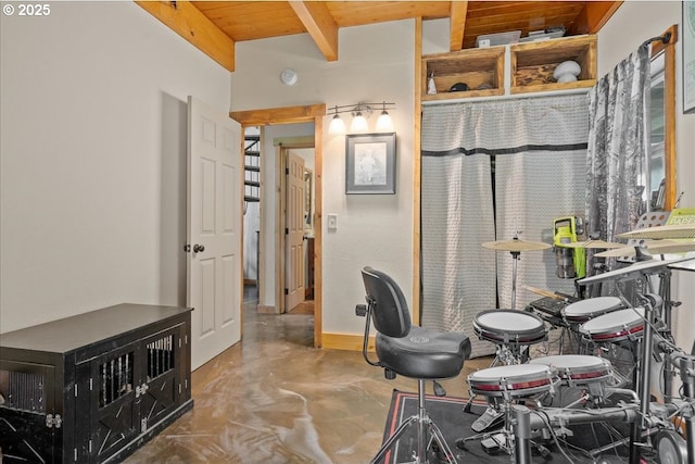 823 Terrace Dr, Scotts Mills, OR 97375 - bathroom featuring wood ceiling, concrete floors, and beam ceiling