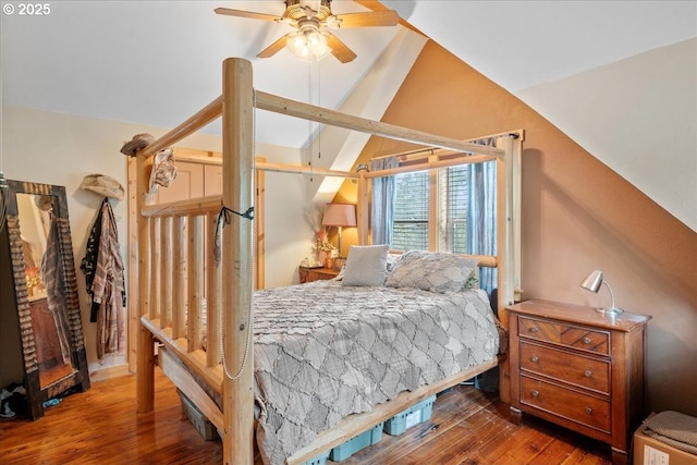 823 Terrace Dr, Scotts Mills, OR 97375 - bedroom featuring hardwood / wood-style flooring, ceiling fan, and vaulted ceiling