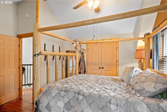823 Terrace Dr, Scotts Mills, OR 97375 - bedroom featuring high vaulted ceiling, wood-type flooring, and a closet