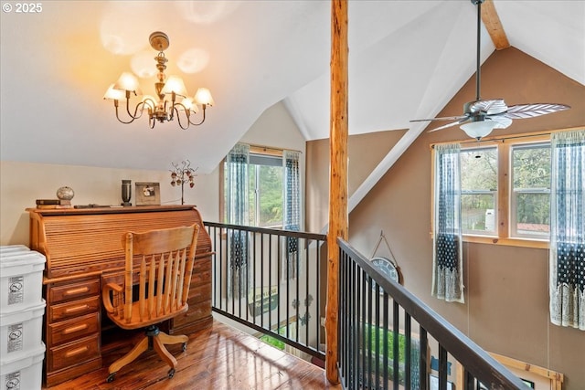 823 Terrace Dr, Scotts Mills, OR 97375 - office with ceiling fan with notable chandelier, vaulted ceiling, and wood finished floors