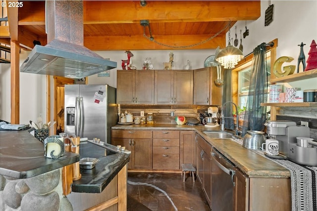 823 Terrace Dr, Scotts Mills, OR 97375 - kitchen featuring a sink, wood ceiling, island exhaust hood, stainless steel appliances, and beam ceiling