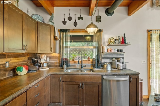 823 Terrace Dr, Scotts Mills, OR 97375 - kitchen with stainless steel dishwasher, a sink, tasteful backsplash, beamed ceiling, and wooden ceiling