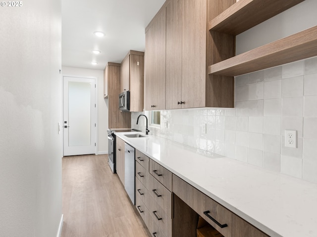 72 NE Stanton, Portland, OR 97212 - kitchen with appliances with stainless steel finishes, light countertops, backsplash, light wood-style floors, and open shelves