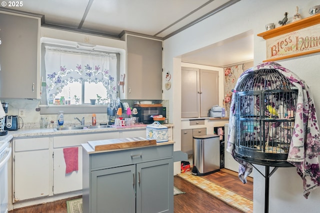 kitchen with white electric range oven, dark wood-type flooring, gray cabinetry, and backsplash