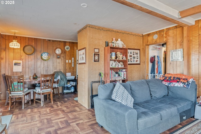 living room with parquet floors