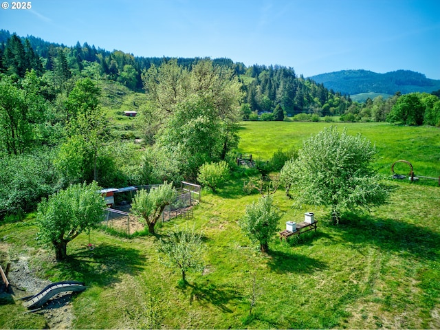 drone / aerial view featuring a rural view and a mountain view