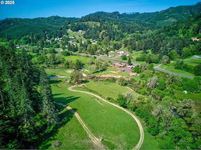 aerial view with a mountain view and a wooded view