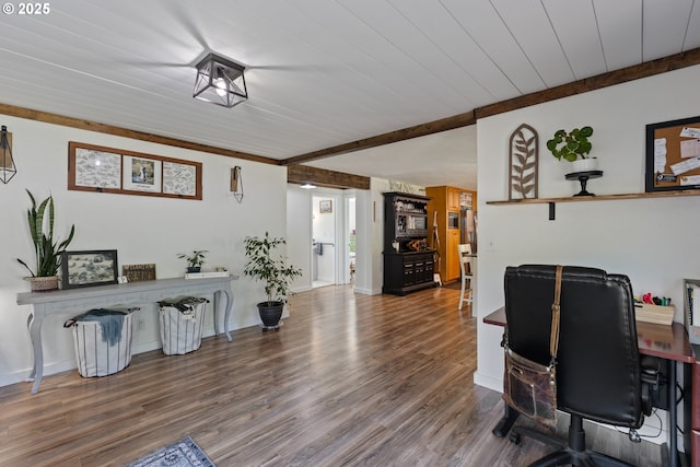 office with wood ceiling, baseboards, wood finished floors, and beam ceiling