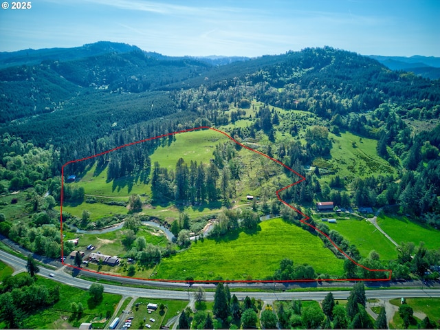 aerial view with a wooded view and a mountain view