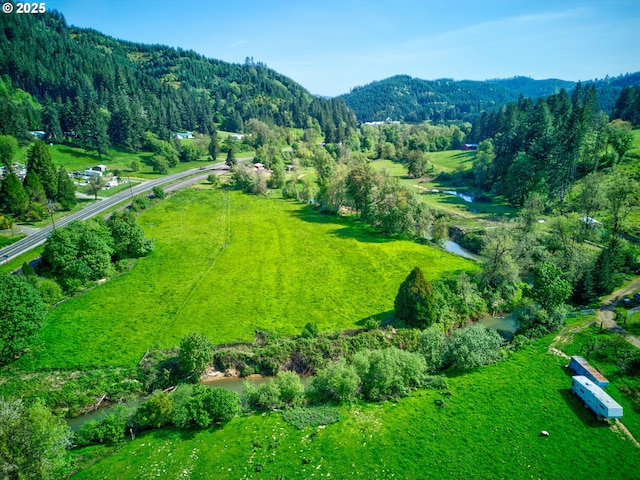aerial view with a view of trees and a mountain view