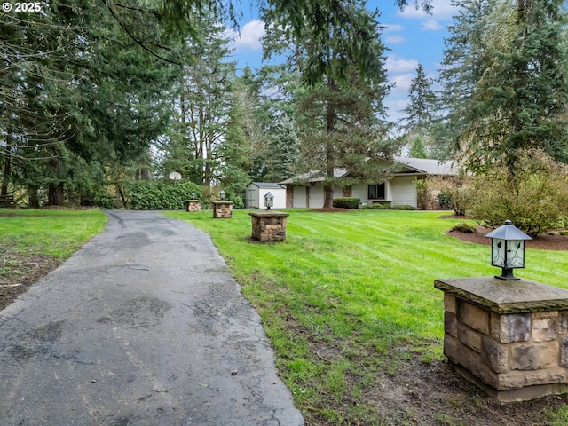 view of front facade featuring driveway and a front lawn