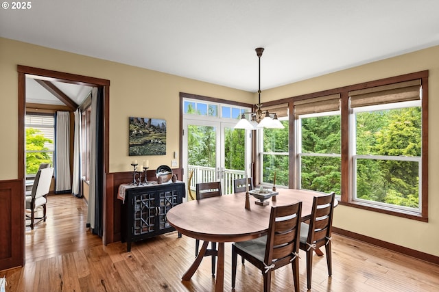 dining room featuring plenty of natural light, light wood-style floors, and baseboards