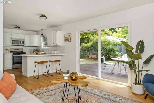 1070 SW Portola Ave, Portland, OR 97225 - kitchen with appliances with stainless steel finishes, tasteful backsplash, wood finished floors, a peninsula, and white cabinetry
