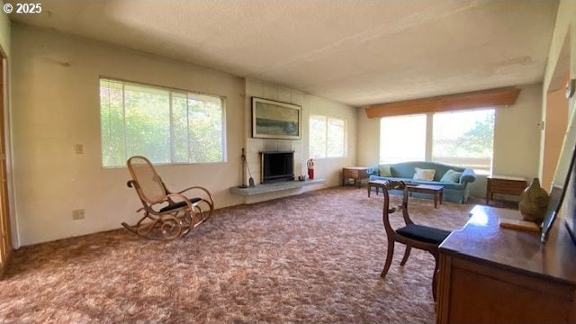 carpeted living room featuring a large fireplace