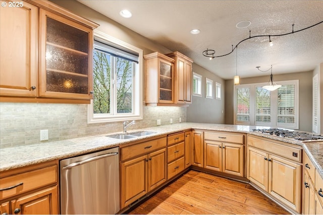 kitchen featuring a sink, tasteful backsplash, appliances with stainless steel finishes, light wood finished floors, and glass insert cabinets