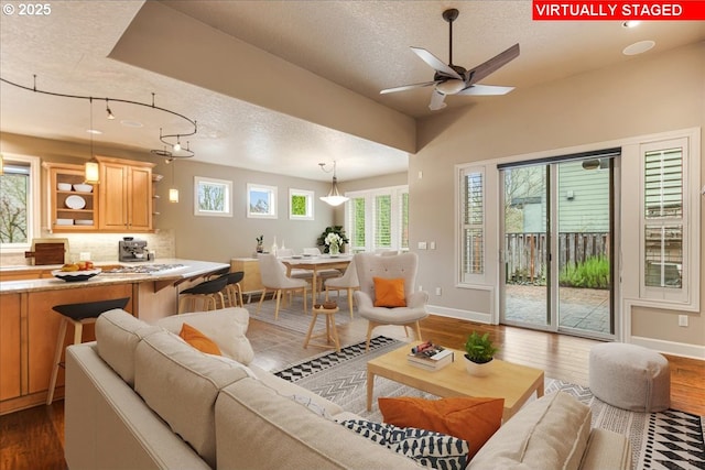 living area featuring baseboards, a textured ceiling, dark wood finished floors, and a ceiling fan