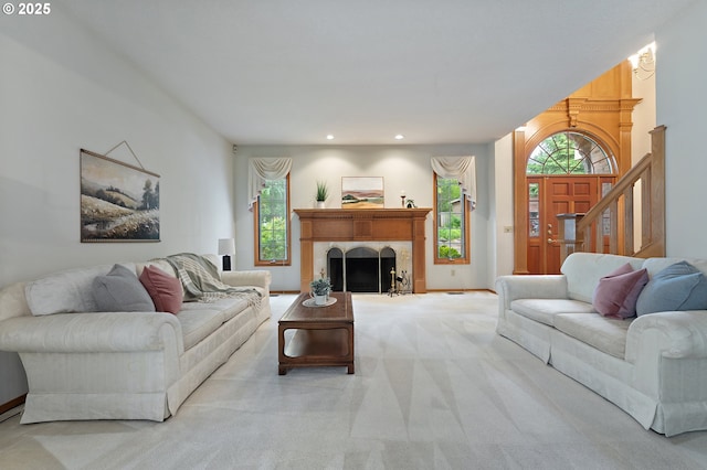 5844 Ridgetop Ct, Lake Oswego, OR 97035 - living area featuring carpet floors, recessed lighting, and a tiled fireplace
