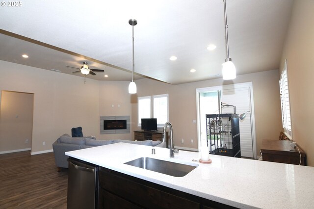 5009 NE 85th St, Vancouver, WA 98665 - kitchen featuring dark wood finished floors, pendant lighting, open floor plan, and a sink