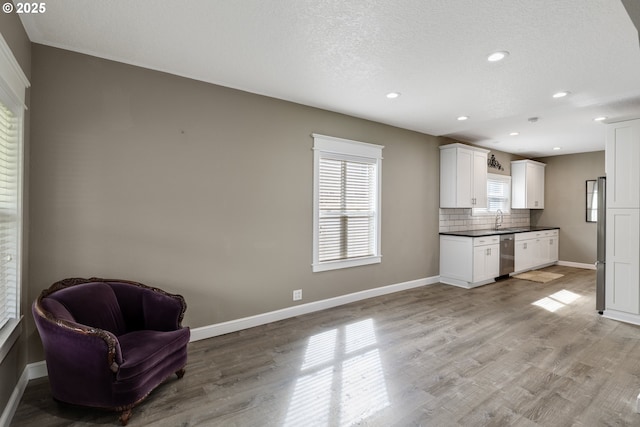 kitchen featuring light wood-type flooring, tasteful backsplash, stainless steel appliances, and a wealth of natural light