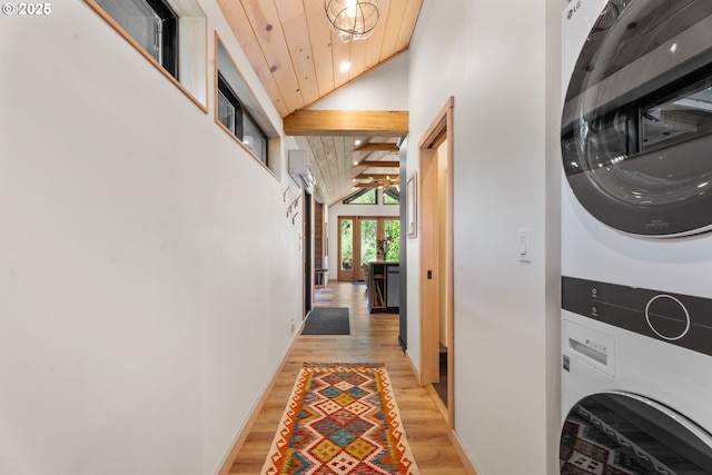 laundry room with estacked washer and dryer, wooden ceiling, light wood-type flooring, baseboards, and recessed lighting