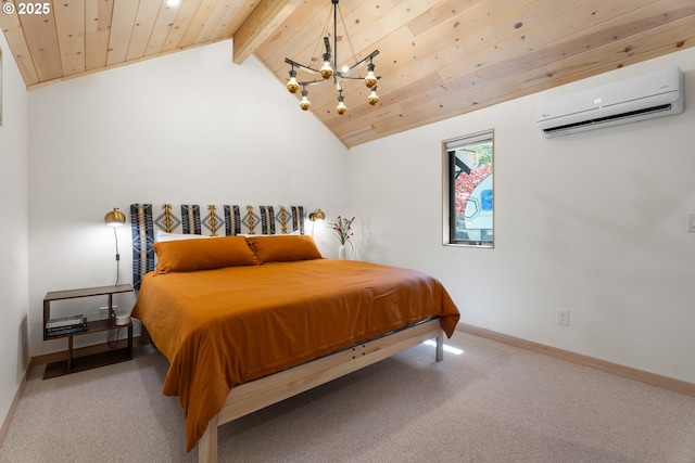 carpeted bedroom with a wall mounted AC, a chandelier, baseboards, and wooden ceiling