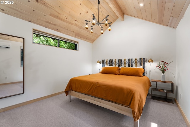 bedroom with a chandelier, wooden ceiling, baseboards, carpet, and recessed lighting