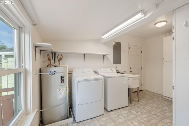 1108 4th St, Tillamook, OR 97141 - laundry area with electric water heater, light floors, washer and dryer, and electric panel