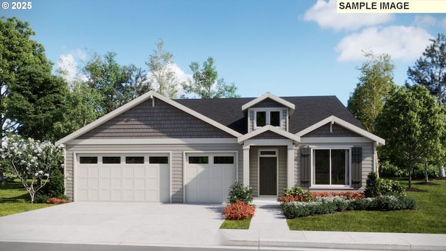 view of front facade with concrete driveway, a front lawn, and an attached garage
