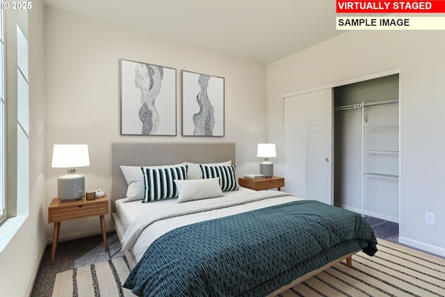 bedroom featuring a closet, baseboards, and carpet