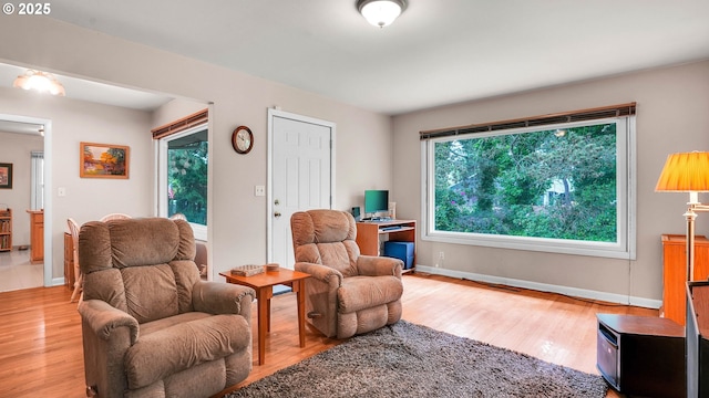 living area featuring wood finished floors and baseboards