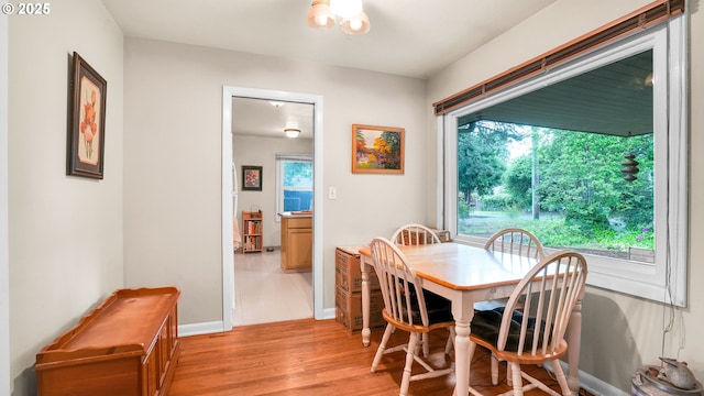 dining space with light wood-style floors and baseboards