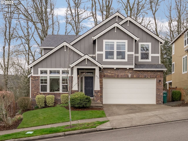 craftsman-style home featuring a front lawn, board and batten siding, concrete driveway, an attached garage, and brick siding