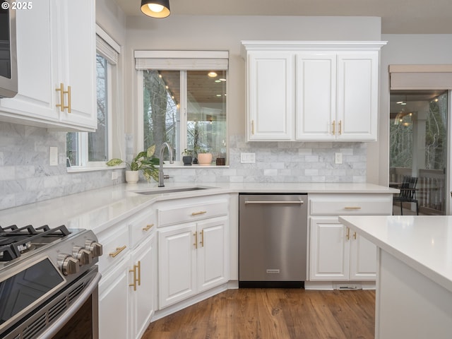 kitchen with a sink, dark wood-style flooring, white cabinetry, and stainless steel appliances