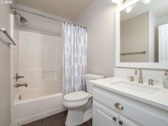 bathroom with vanity, tile patterned floors, toilet, and shower / bathtub combination with curtain