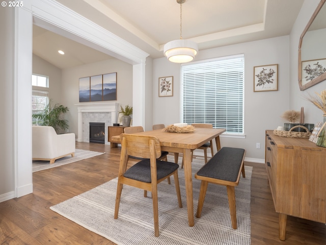 dining area with baseboards, a tray ceiling, vaulted ceiling, a lit fireplace, and wood finished floors