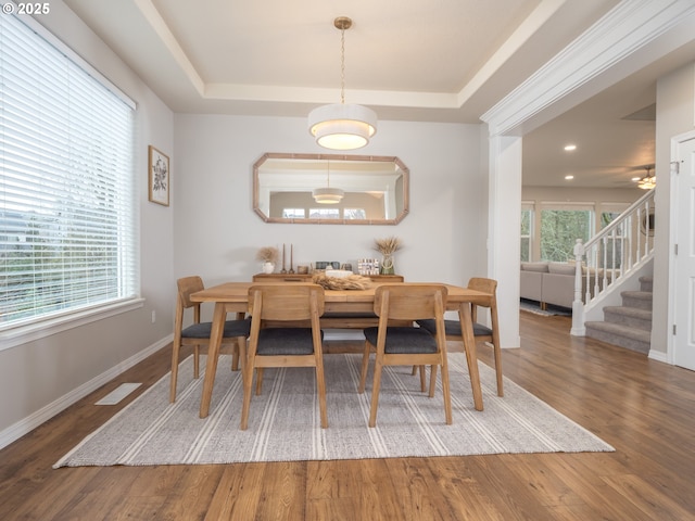 dining space featuring plenty of natural light, a raised ceiling, baseboards, and wood finished floors