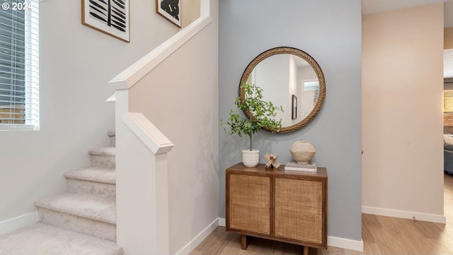 stairs with hardwood / wood-style flooring