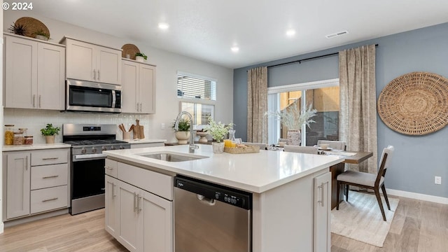 kitchen featuring light hardwood / wood-style flooring, appliances with stainless steel finishes, sink, backsplash, and a kitchen island with sink