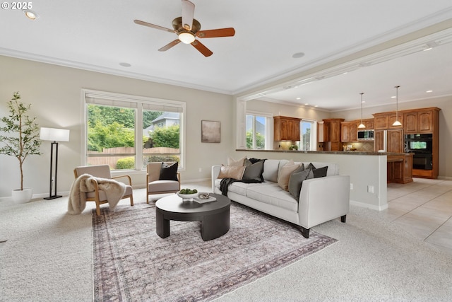 1508 NW 151st St, Vancouver, WA 98685 - living room featuring ceiling fan, ornamental molding, and light colored carpet