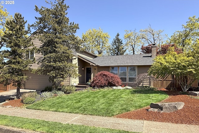 view of front facade featuring a chimney, a front lawn, an attached garage, fence, and roof with shingles