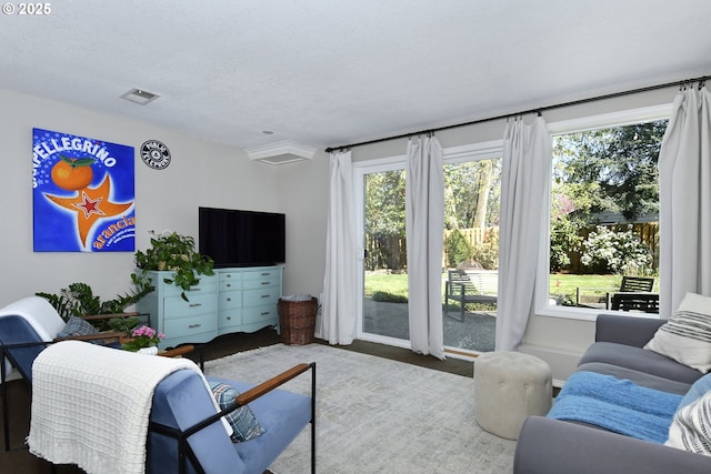 carpeted living area featuring a textured ceiling and visible vents
