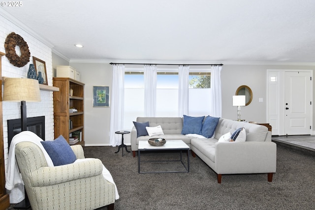 living room featuring recessed lighting, dark colored carpet, ornamental molding, baseboards, and a fireplace